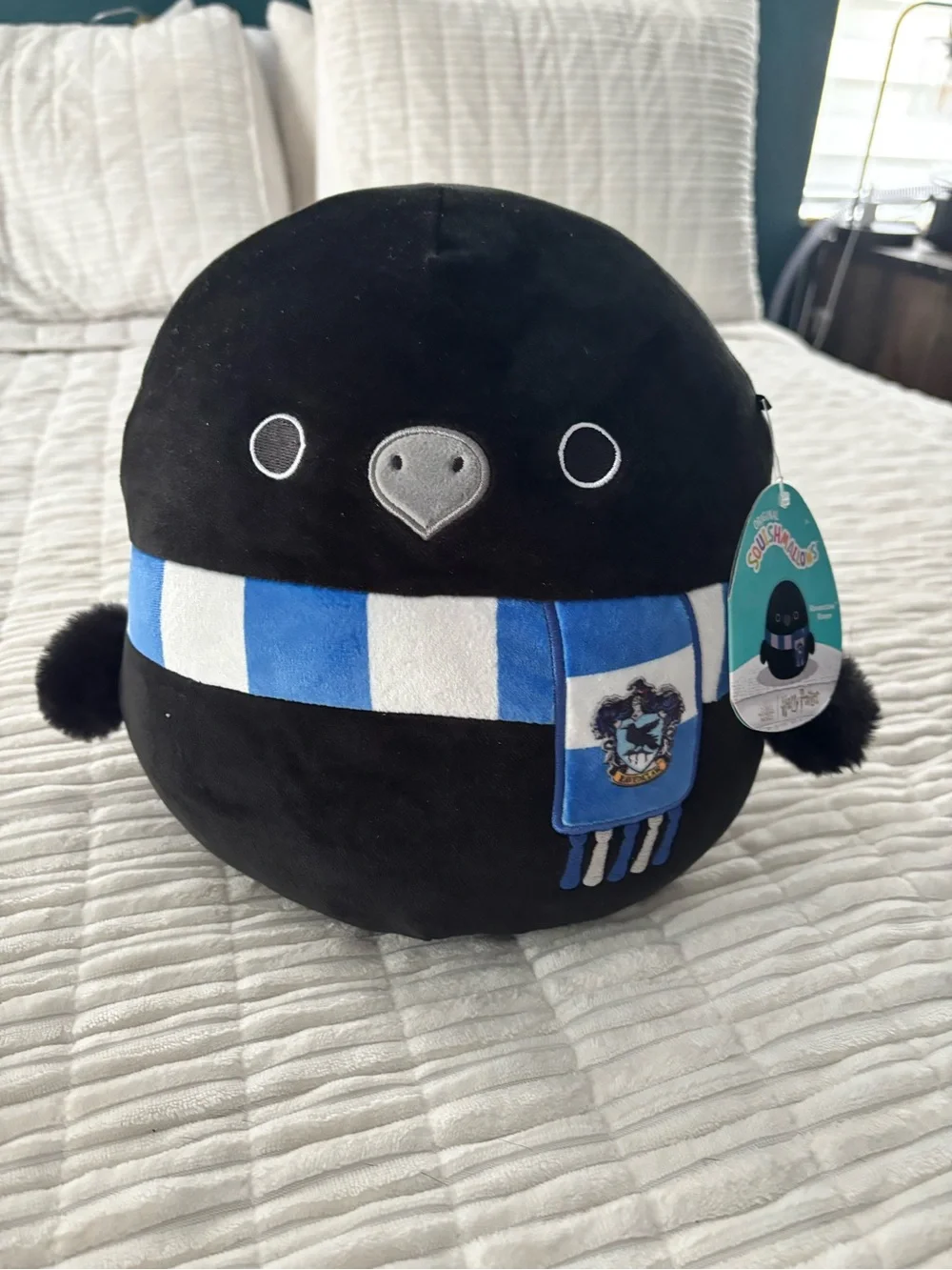 Squishmallows Black Plush Bird with Blue & White Scarf Ravenclaw